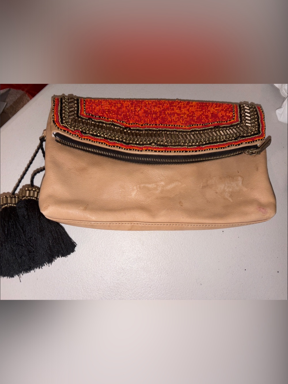 Vince Camuto Tan Clutch with Red Beaded Flap and Black Tassel